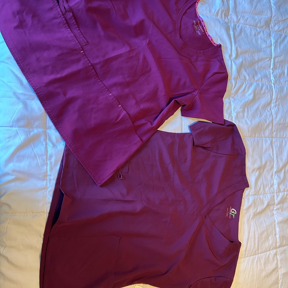 Two burgundy/maroon scrub tops